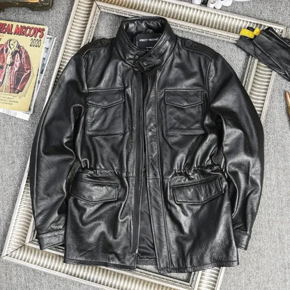 M65 Hunting100% Genuine Leather Jacket Men Cowhide Mid-length Multiple Pockets Coat Winter Autumn Windproof Motorcycle Outwear BLACKBEARD OUTDOOR INDUSTRIES