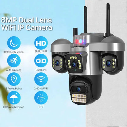 Caméra de Sécurité WiFi 360° Triple Objectif 15MP – Suivi IA, Vision Nocturne Couleur, Extérieur IP66