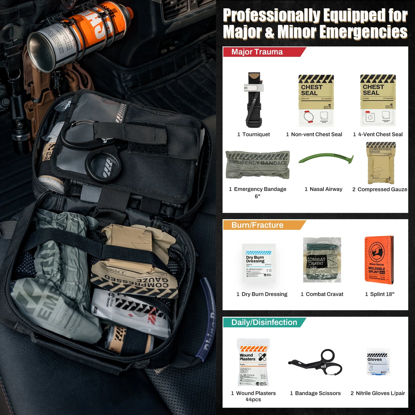 RHINO RESCUE Kit Trauma Véhicule – Garrot, Poche MOLLE & Premiers Secours Professionnels