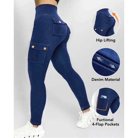Legging Effet Jean Femme Taille Haute – Poches Cargo, Gainant, Butt Lift - BLACKBEARD OUTDOOR INDUSTRIES