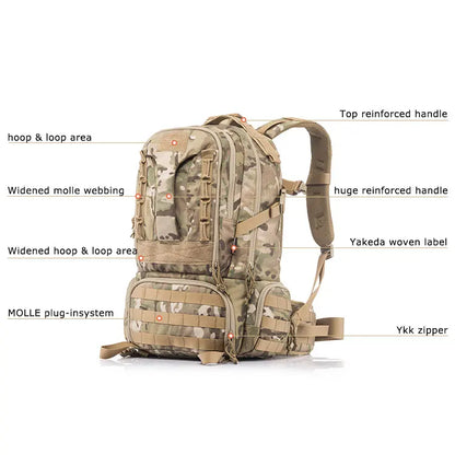 Sac à Dos Tactique Yakeda KF-007 45-50L Nylon 1000D – Camouflage ATFG, CP, BK, GN, TAN | Randonnée, Airsoft, Escalade