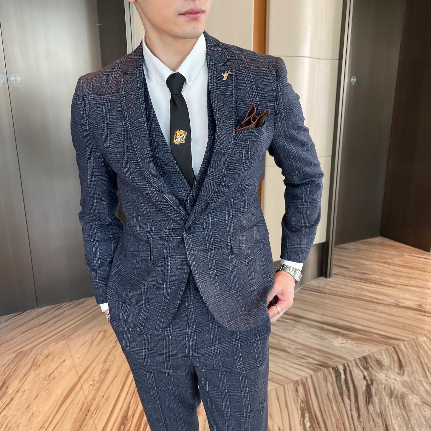 Costume 3 Pièces Homme Style Britannique Coréen Haut de Gamme à Carreaux Modifiés - Costume Élégant Business Casual avec Gilet et Pantalon BLACKBEARD OUTDOOR INDUSTRIES