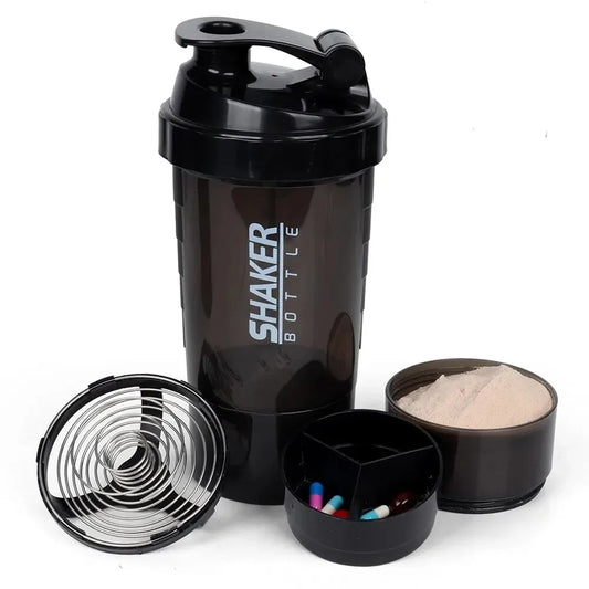 Shaker 3 Compartiments 600ml ABS — Mixage Sans Grumeaux | Sport & Musculation | Gourde Double Usage | Noir, Blanc, Rouge, Bleu