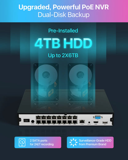 Kit NVR POE 4K 16 Ports Extensible 32CH – Double Disque Dur, Caméras 8MP Détection IA, Audio Bidirectionnel, H.265+, CE/FCC/UL