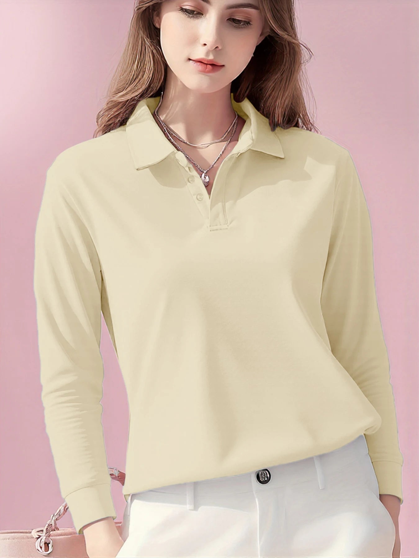 Polo Femme Manches Longues – Coupe Loose Casual, Matière Polyester Anti-Boulochage, Disponible en 5 Coloris