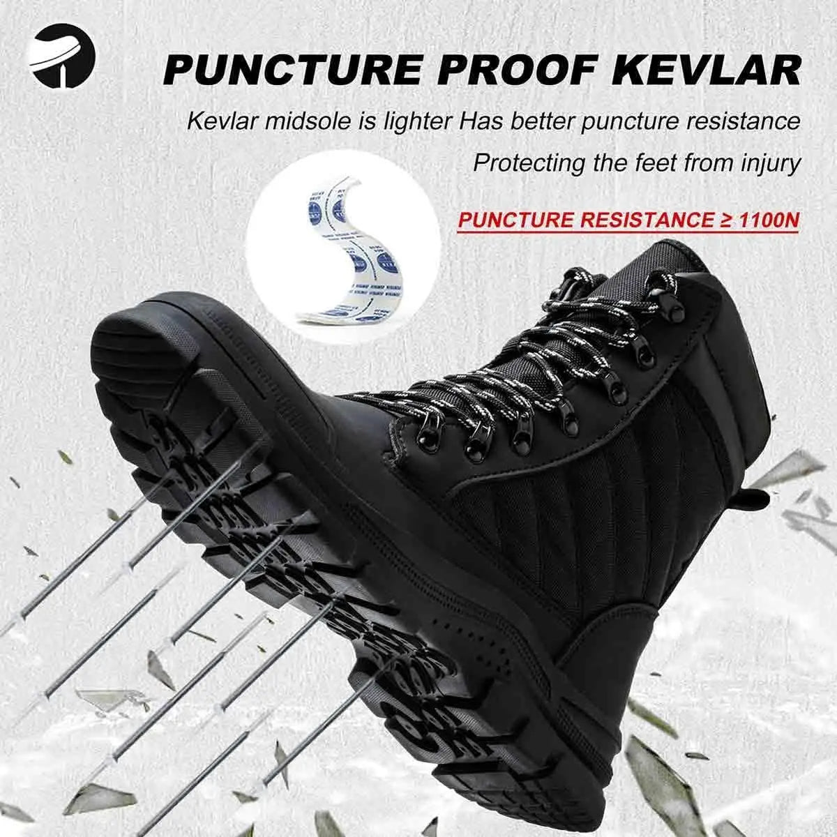 Rangers tactiques montantes à coque acier et semelle anti-perforation, noires