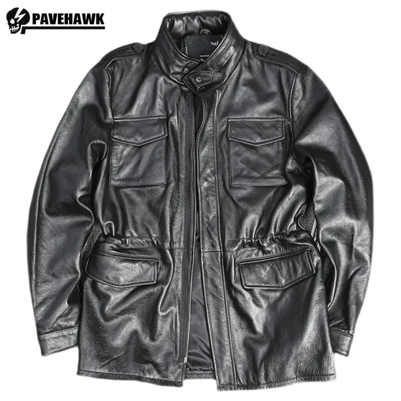 M65 Hunting100% Genuine Leather Jacket Men Cowhide Mid-length Multiple Pockets Coat Winter Autumn Windproof Motorcycle Outwear BLACKBEARD OUTDOOR INDUSTRIES