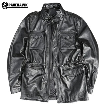 M65 Hunting100% Genuine Leather Jacket Men Cowhide Mid-length Multiple Pockets Coat Winter Autumn Windproof Motorcycle Outwear BLACKBEARD OUTDOOR INDUSTRIES