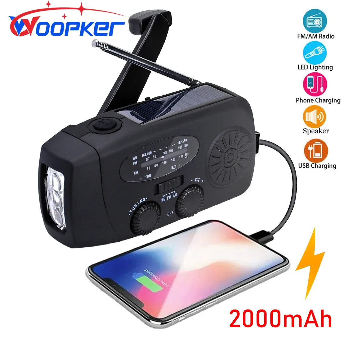 Radio d’urgence Woopker E01 – Dynamo, Solaire & USB | Radio FM/AM/NOAA | Lampe Torche Puissante | Power Bank Ma boutique