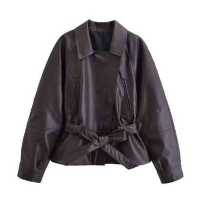 Veste en cuir femme courte avec ceinture, simili cuir