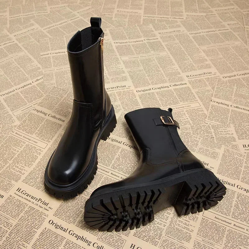 Bottines Femme Style Moto Talon Carré Plateforme Zip – Casual Chic