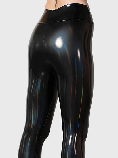 Legging effet cuir ultra brillant femme noir taille haute