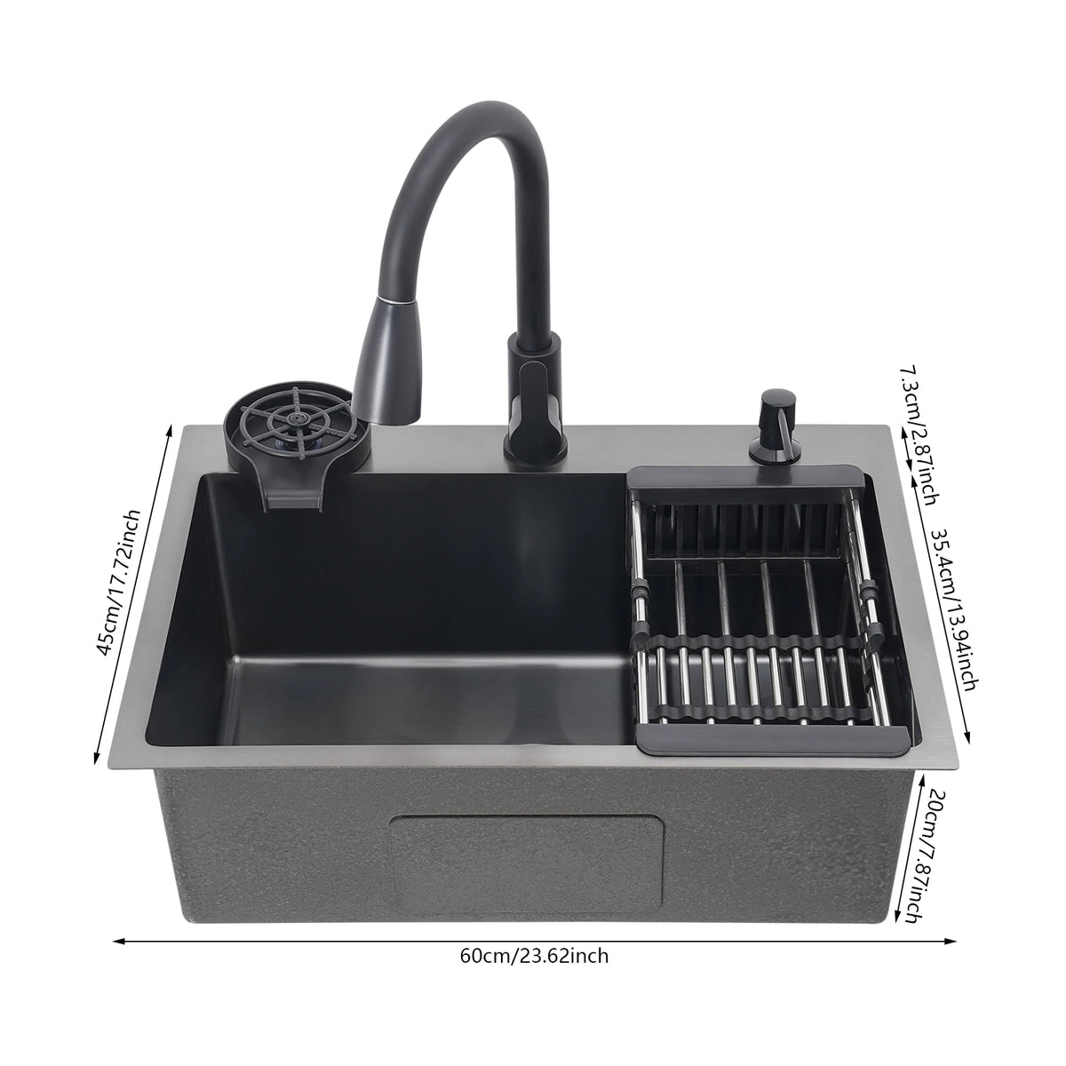 Évier Cuisine Inox 201 Noir Nano – Robinet Rétractable, Rince-Tasse, Panier Égouttoir & Distributeur Savon | 45x40 / 50x45 / 60x45 cm