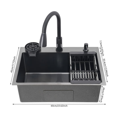 Évier Cuisine Inox 201 Noir Nano – Robinet Rétractable, Rince-Tasse, Panier Égouttoir & Distributeur Savon | 45x40 / 50x45 / 60x45 cm