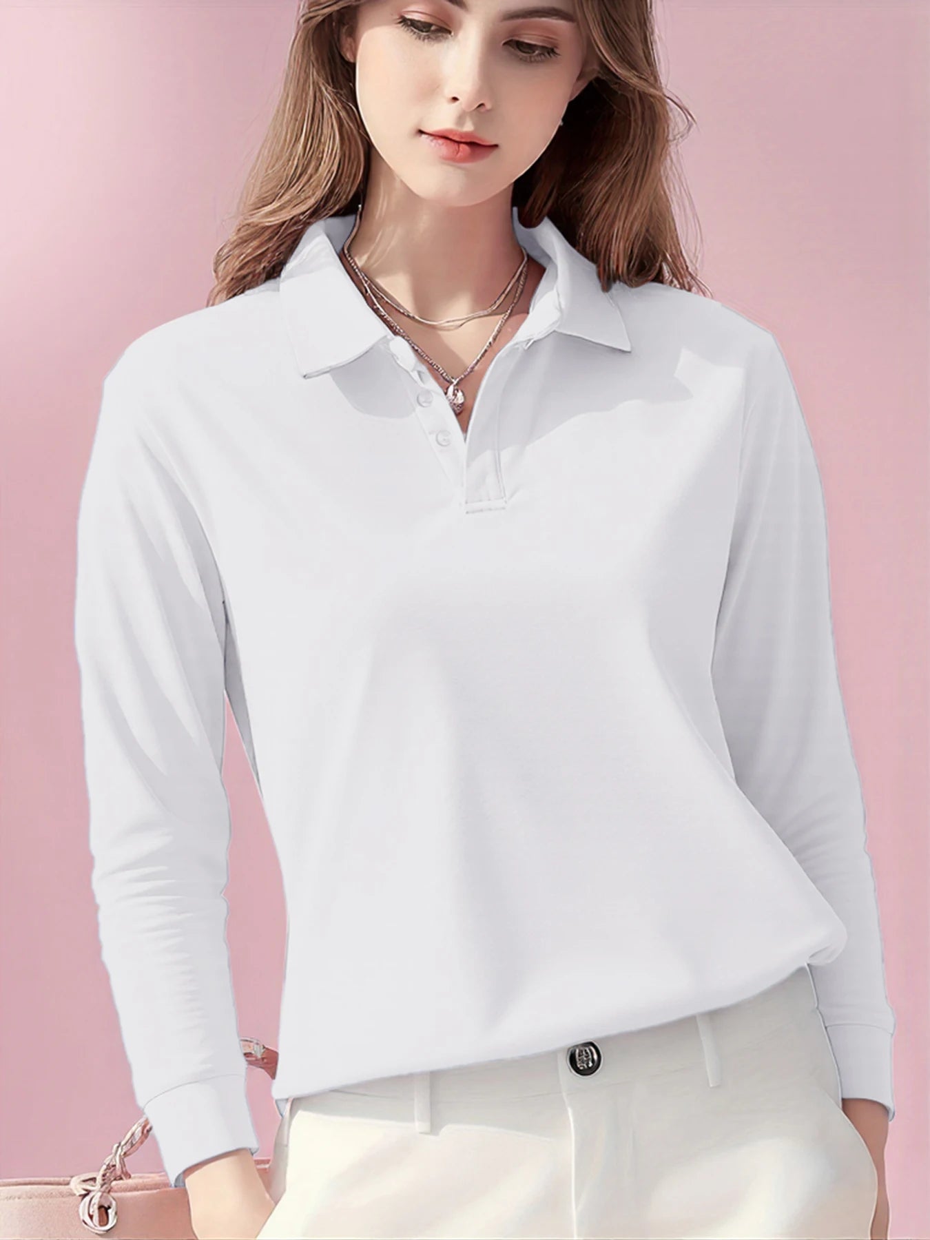 Polo Femme Manches Longues – Coupe Loose Casual, Matière Polyester Anti-Boulochage, Disponible en 5 Coloris