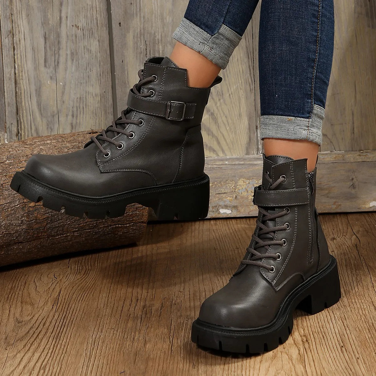 Bottines Femme à Talon Épais – Bottes Combat à Lacets & Fermeture Éclair – Style Punk Rock avec Boucle Ceinture – Pointure Jusqu’au 43 - BLACKBEARD OUTDOOR INDUSTRIES