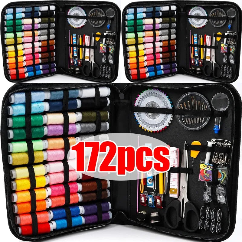 Kit de couture portable 172/128/67/27 pièces avec fils, aiguilles, ciseaux, mètre ruban, boutons et sac de rangement