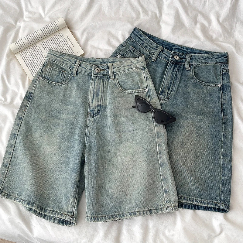 Short Jean Rétro Femme Taille Haute – Coupe Large Droite, Effet Délavé, Fermeture Boutons | Streetwear Été | XS à XXXL | 2 Coloris - BLACKBEARD OUTDOOR INDUSTRIES