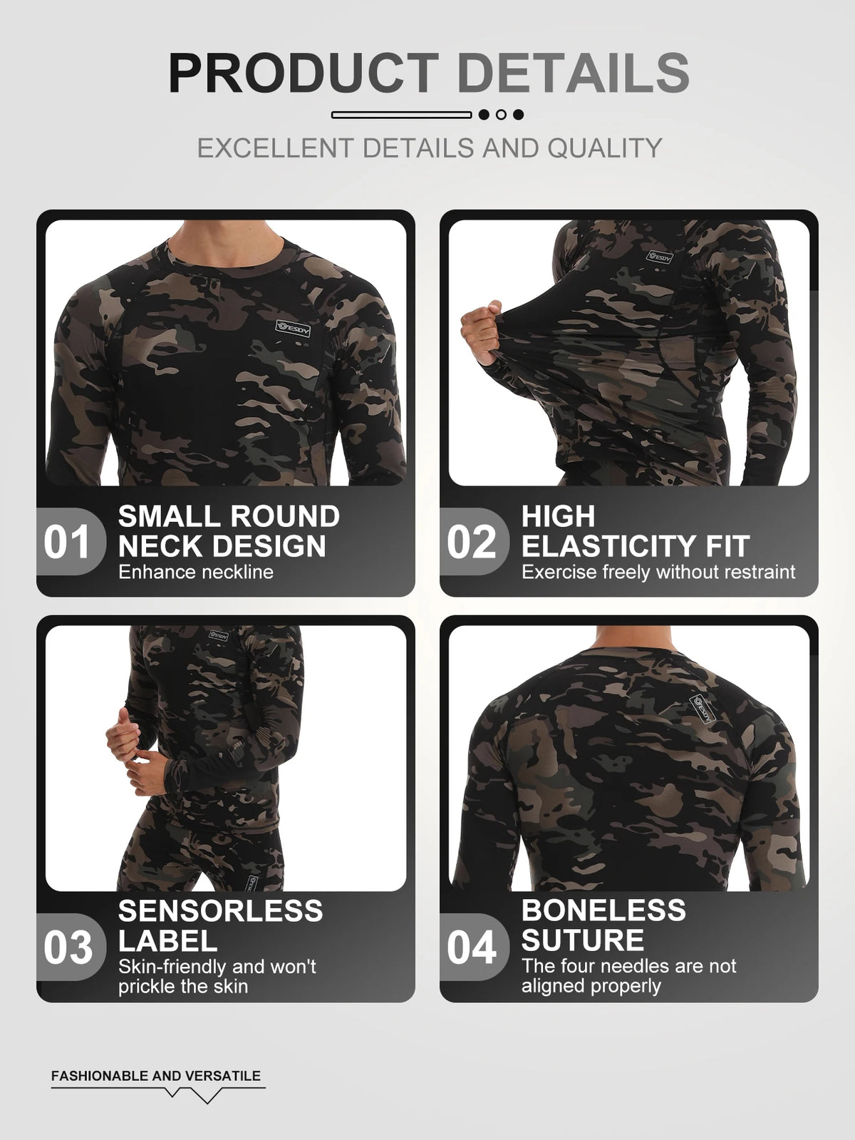 Ensemble Thermique Compression Homme – Sous-vêtement Tactique Camouflage Chasse Ski Montagne