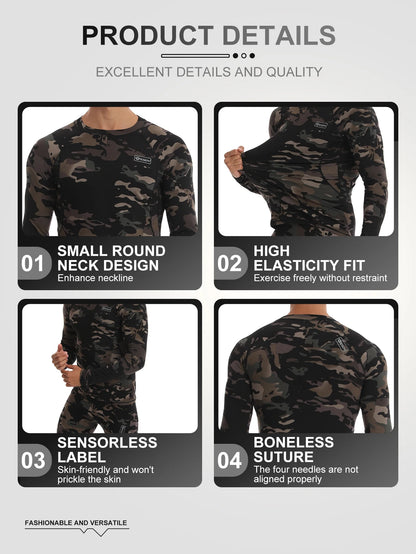 Ensemble Thermique Compression Homme – Sous-vêtement Tactique Camouflage Chasse Ski Montagne