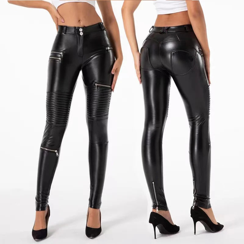 Legging Cuir Femme Taille Haute avec Poches – Style Biker Tactique, Slim Stretch