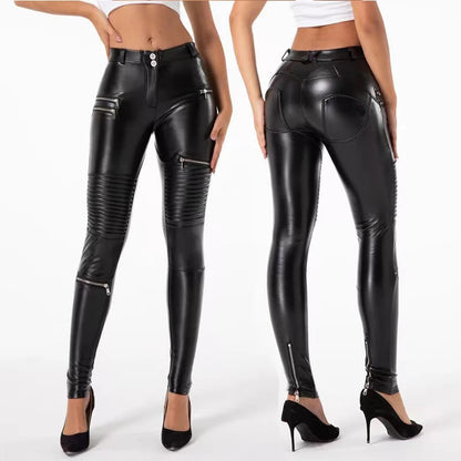 Legging Cuir Femme Taille Haute avec Poches – Style Biker Tactique, Slim Stretch