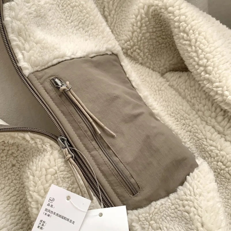 Autumn and Winter Japanese Men's and Women's Fleece Stand Neck Jacket Couple Zipper Loose Warm Lamb Wool Coat Solid Color Jacket BLACKBEARD OUTDOOR INDUSTRIES