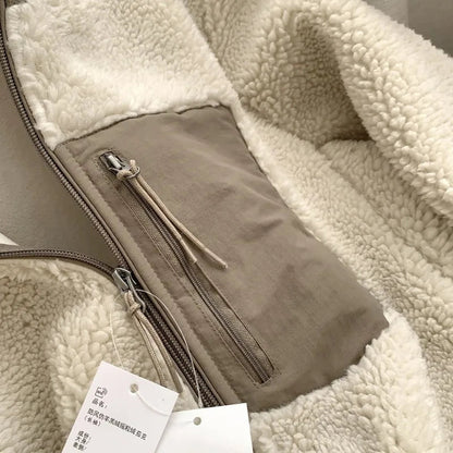 Autumn and Winter Japanese Men's and Women's Fleece Stand Neck Jacket Couple Zipper Loose Warm Lamb Wool Coat Solid Color Jacket BLACKBEARD OUTDOOR INDUSTRIES