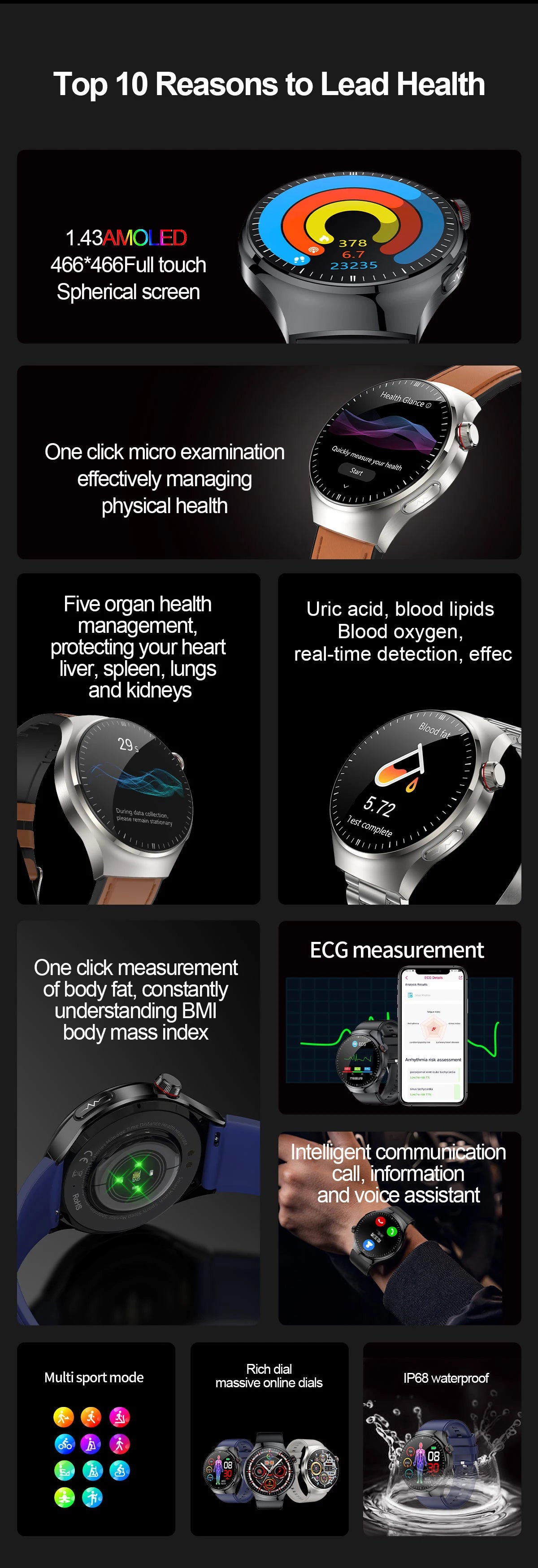 Montre Connectée Médicale GUHUAVMI TK26 – ECG+PPG – Uric Acid, Température, Lipides, Appels Bluetooth – Écran AMOLED 1.43” – Étanche IP68 - BLACKBEARD OUTDOOR INDUSTRIES