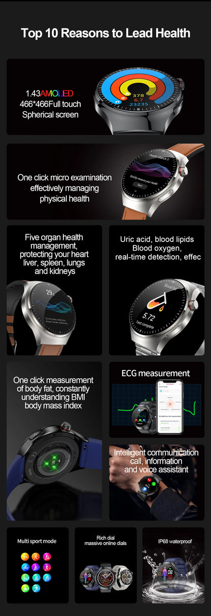 Montre Connectée Médicale GUHUAVMI TK26 – ECG+PPG – Uric Acid, Température, Lipides, Appels Bluetooth – Écran AMOLED 1.43” – Étanche IP68 - BLACKBEARD OUTDOOR INDUSTRIES