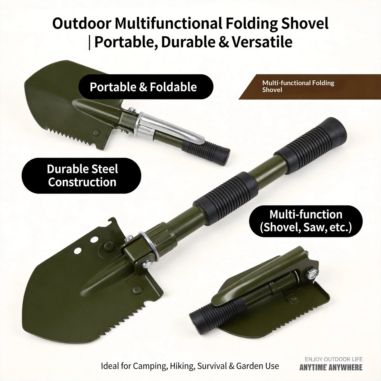 Pelle multifonction pliable en acier carbone – double poignée, outil de survie pour camping et randonnées - BLACKBEARD OUTDOOR INDUSTRIES