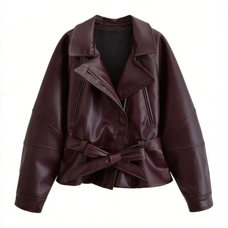 Veste en cuir femme courte avec ceinture, simili cuir