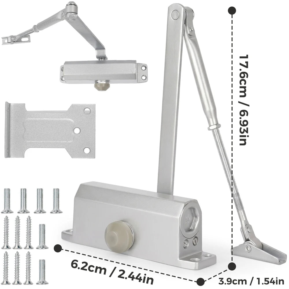 Ferme-Porte Hydraulique Automatique en Alliage d'Aluminium – Pose en Applique, Porte Coulissante jusqu'a 65 kg, Couleur Argent