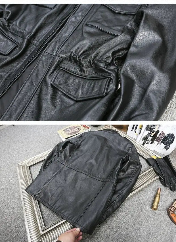 M65 Hunting100% Genuine Leather Jacket Men Cowhide Mid-length Multiple Pockets Coat Winter Autumn Windproof Motorcycle Outwear BLACKBEARD OUTDOOR INDUSTRIES