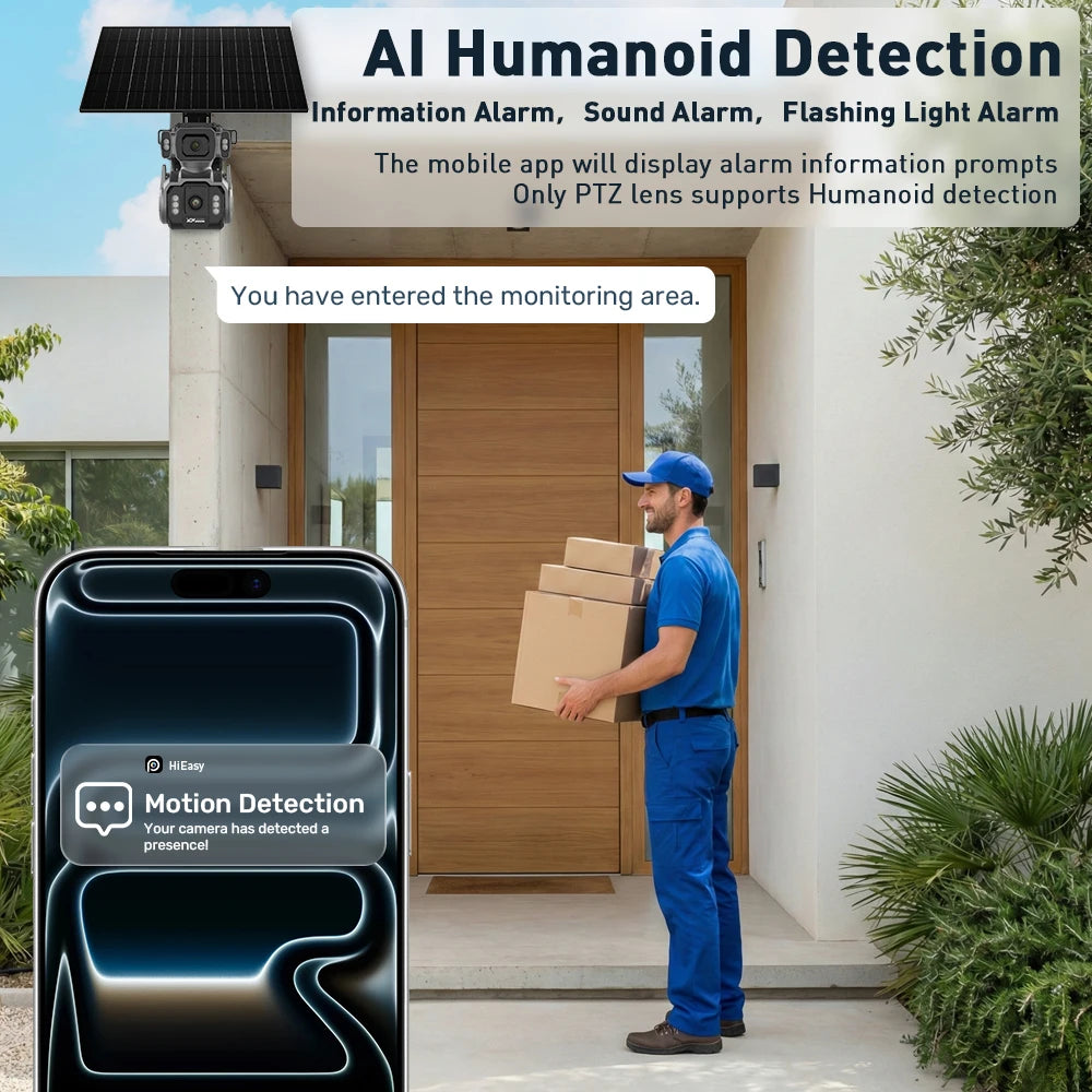 Caméra de surveillance solaire 4G double objectif 10 MP, zoom x12, suivi automatique