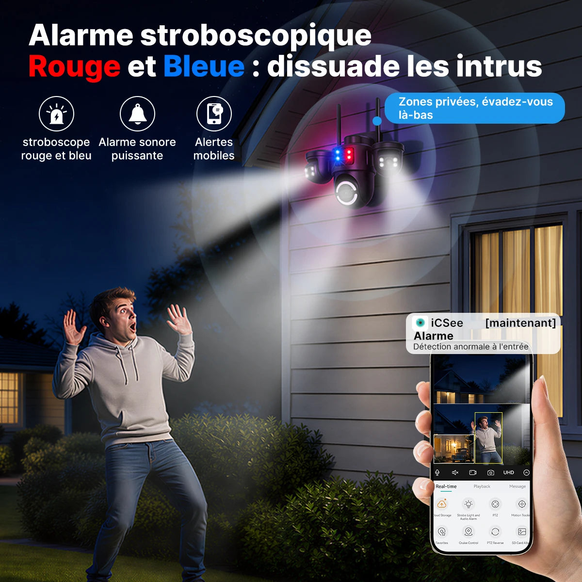 Caméra de surveillance WiFi extérieure PTZ à 3 objectifs