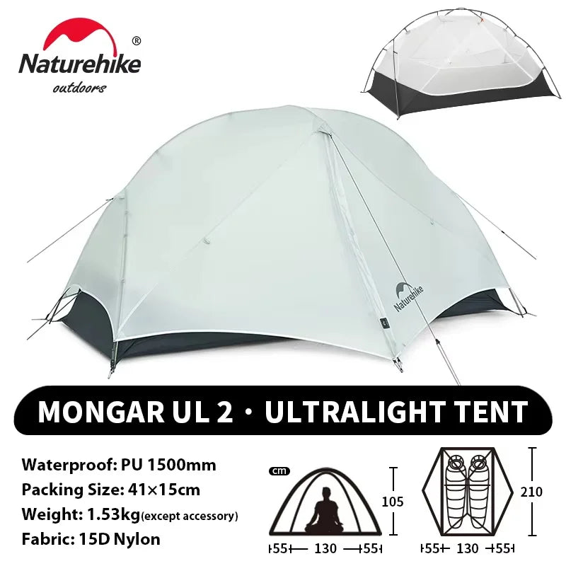 Tente Ultra-Légère Naturehike Mongar UL 2 Personnes – 3 Saisons, 15D/20D, Imperméable 3000mm