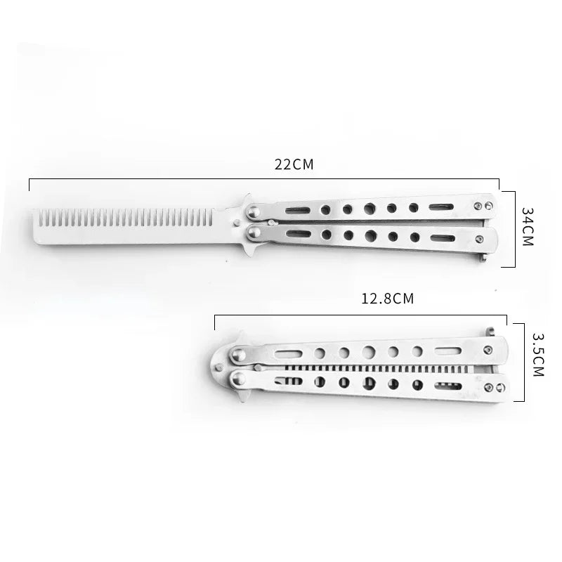 Peigne Couteau Papillon Acier Inox – Style Balisong, Coiffure & Barbe, 22 cm