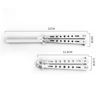 Peigne Couteau Papillon Acier Inox – Style Balisong, Coiffure & Barbe, 22 cm