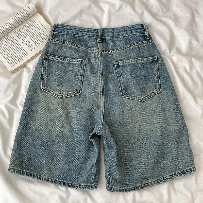 Short Jean Rétro Femme Taille Haute – Coupe Large Droite, Effet Délavé, Fermeture Boutons | Streetwear Été | XS à XXXL | 2 Coloris - BLACKBEARD OUTDOOR INDUSTRIES