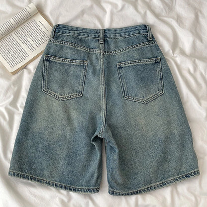 Short Jean Rétro Femme Taille Haute – Coupe Large Droite, Effet Délavé, Fermeture Boutons | Streetwear Été | XS à XXXL | 2 Coloris - BLACKBEARD OUTDOOR INDUSTRIES