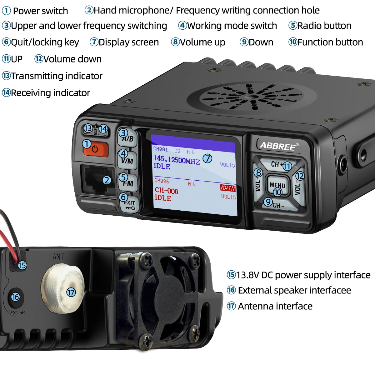 ABBREE AR-318 / AR-218 – Radio Mobile Portable VHF/UHF Double Bande 25W 128 Canaux - BLACKBEARD OUTDOOR INDUSTRIES