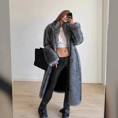 Manteau long en fausse fourrure femme, style renard