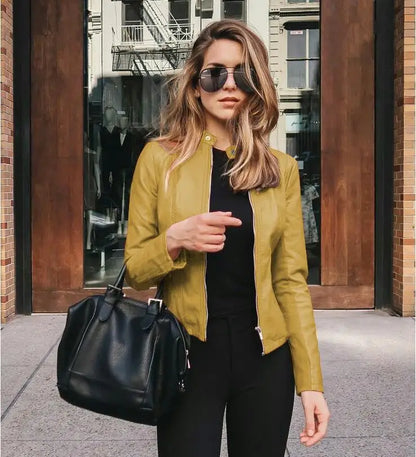 Veste Simili Cuir Femme – Col Montant, Fermeture Zip, Style Biker Streetwear
