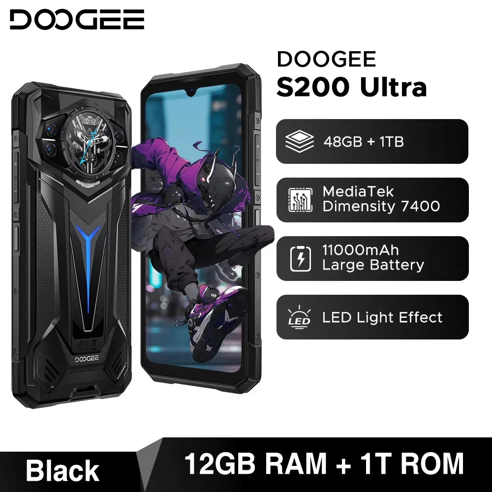 DOOGEE S200 Ultra 5G – Smartphone robuste 6,72'' 120Hz, 11000 mAh, 48 Go + 1 To, charge 66W, Android 15 (Dimensity 7400, NFC) - BLACKBEARD OUTDOOR INDUSTRIES