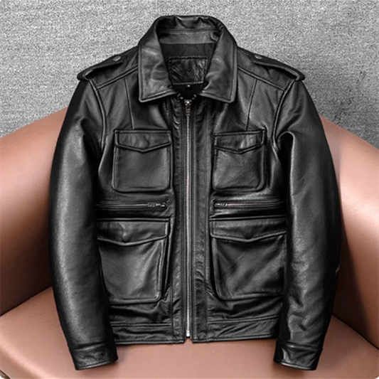 Veste en Cuir Véritable M65 Homme — Moto, Outdoor & Chasse | Noir & Marron | M à 8XL - BLACKBEARD OUTDOOR INDUSTRIES