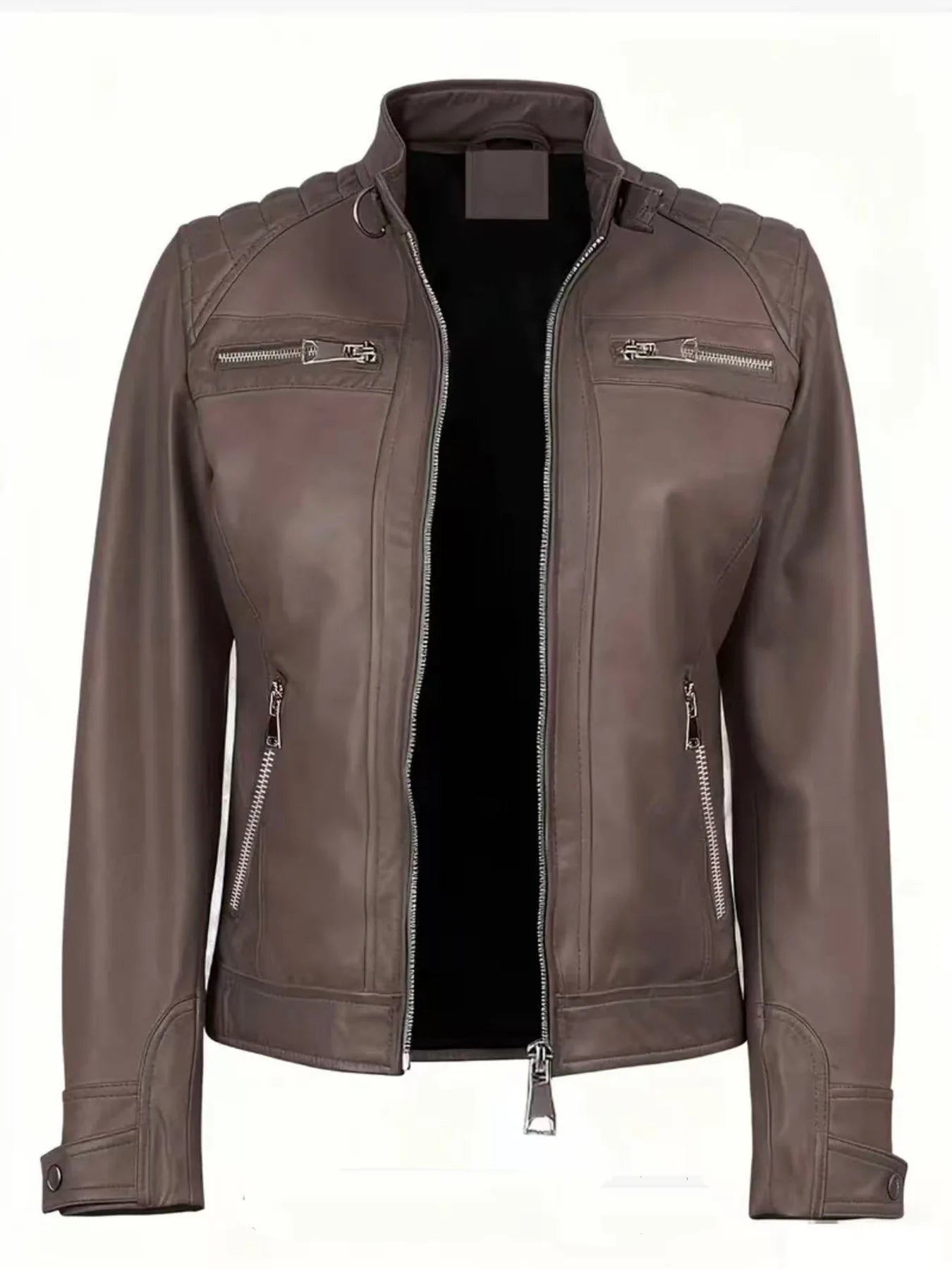 Veste en Cuir PU Femme Style Moto – Col Officier, Slim Fit, Sà XXL