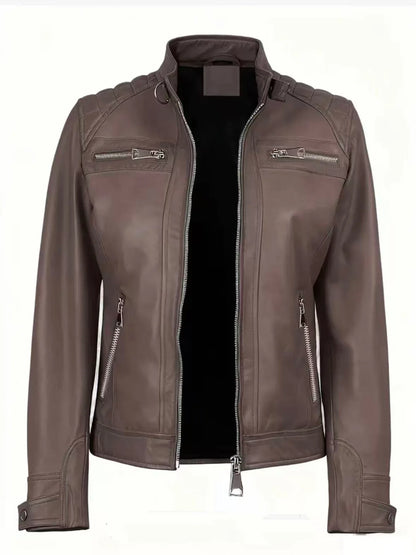 Veste en Cuir PU Femme Style Moto – Col Officier, Slim Fit, Sà XXL