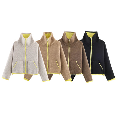 Veste courte femme bicolore zippée à col montant