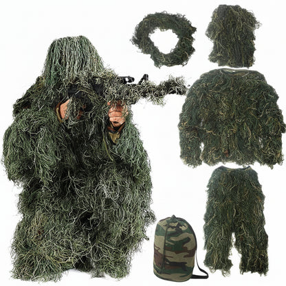 Ghillie Suit Fibres Souples Jungle – Combinaison Camouflage 3D Adulte avec Chapeau & Sac de Transport